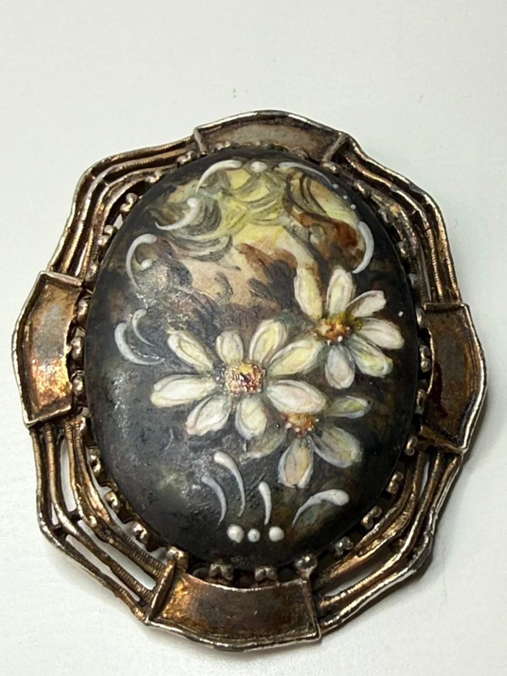 Vintage Hand-Painted Floral Portrait stone Brooch pin pendant daisy fairy core